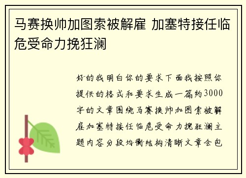 马赛换帅加图索被解雇 加塞特接任临危受命力挽狂澜