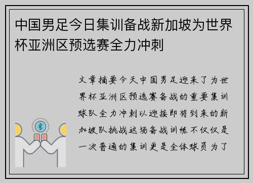 中国男足今日集训备战新加坡为世界杯亚洲区预选赛全力冲刺
